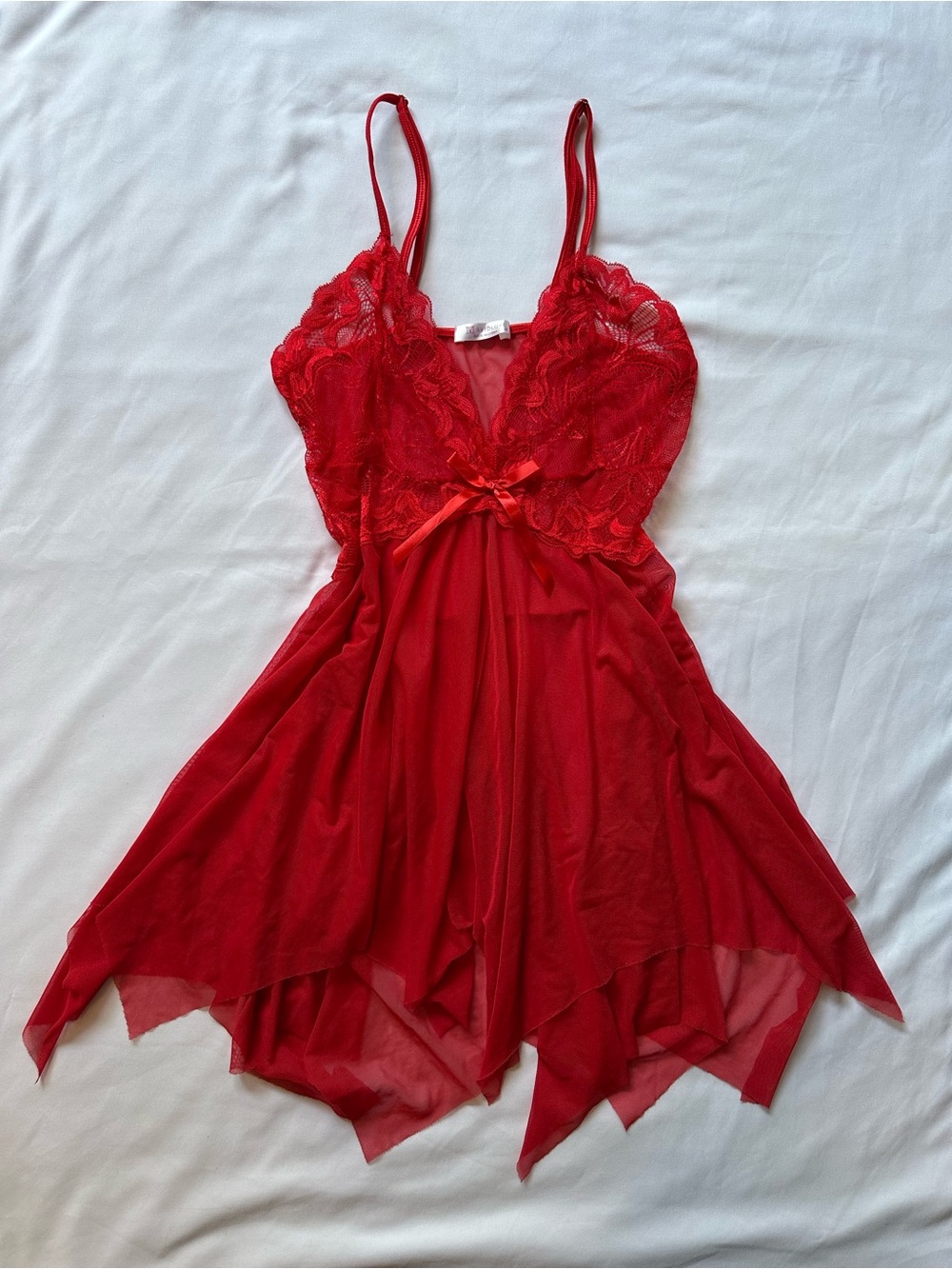 Avid Love Red Lace Babydoll Slip Dress with Bow Accent